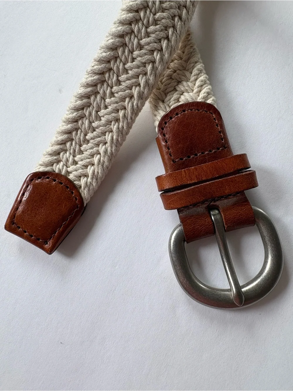 J. Crew Cotton Braided Belt with Brown Leather Trim 46in 1in wide M/L A5854